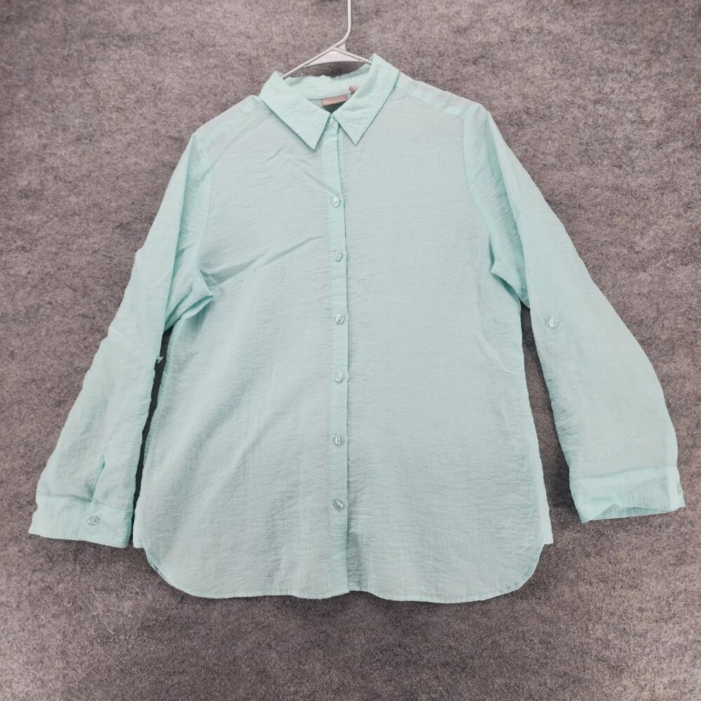 Chicos Shirt Womens 1 US Medium Button Up Blue Roll Tab Sleeve